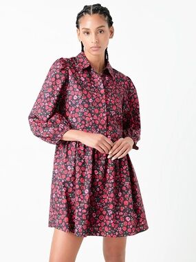 English Factory Floral Shirt Mini Dress XL Buttons 3/4 Sleeves